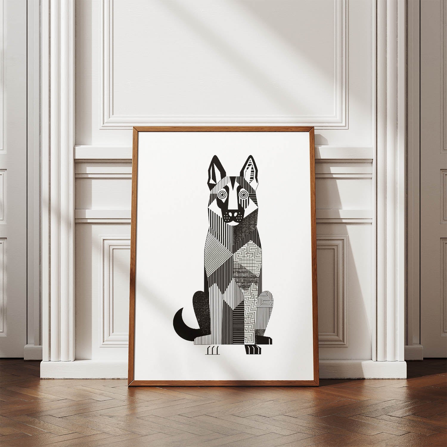 German Shepherd Geometric Line Art Print - Framed Mockup