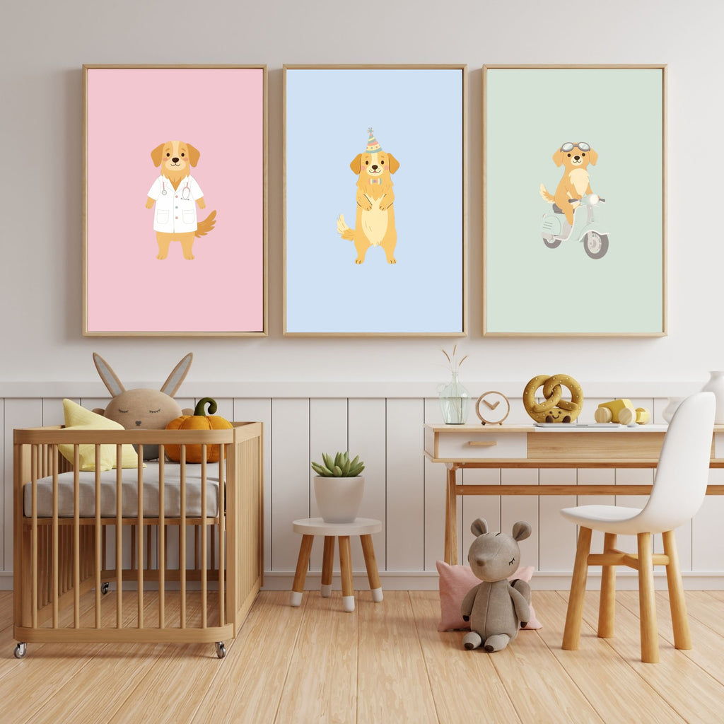 Golden Retriever Kids Nursery Wall Art Print Bundle — 22 Dog Costume Designs, 5 Colours, 6 Print Sizes | Digital Download