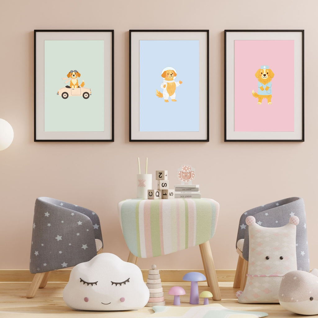 Golden Retriever Kids Nursery Wall Art Print Bundle — 22 Dog Costume Designs, 5 Colours, 6 Print Sizes | Digital Download