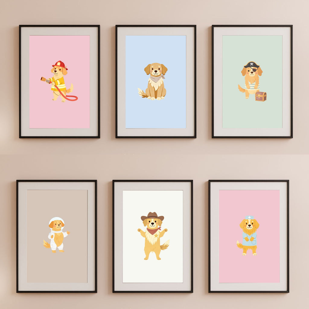 Golden Retriever Kids Nursery Wall Art Print Bundle — 22 Dog Costume Designs, 5 Colours, 6 Print Sizes | Digital Download