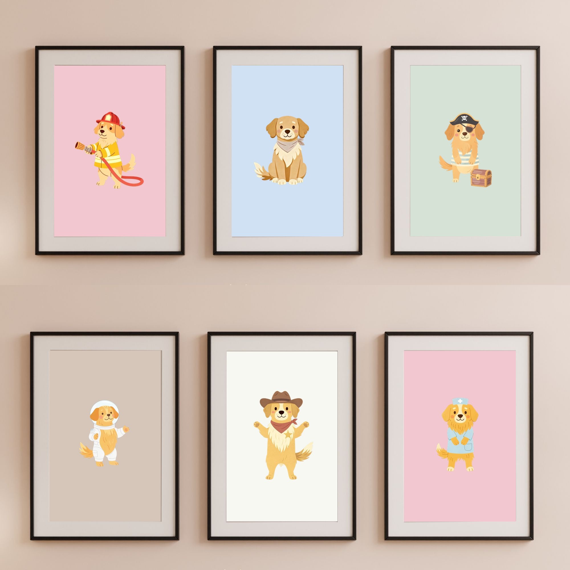 Golden Retriever Kids Nursery Wall Art Print Bundle — 22 Dog Costume Designs, 5 Colours, 6 Print Sizes | Digital Download