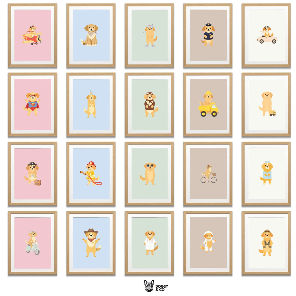 Golden Retriever Kids Nursery Wall Art Print Bundle — 22 Dog Costume Designs, 5 Colours, 6 Print Sizes | Digital Download