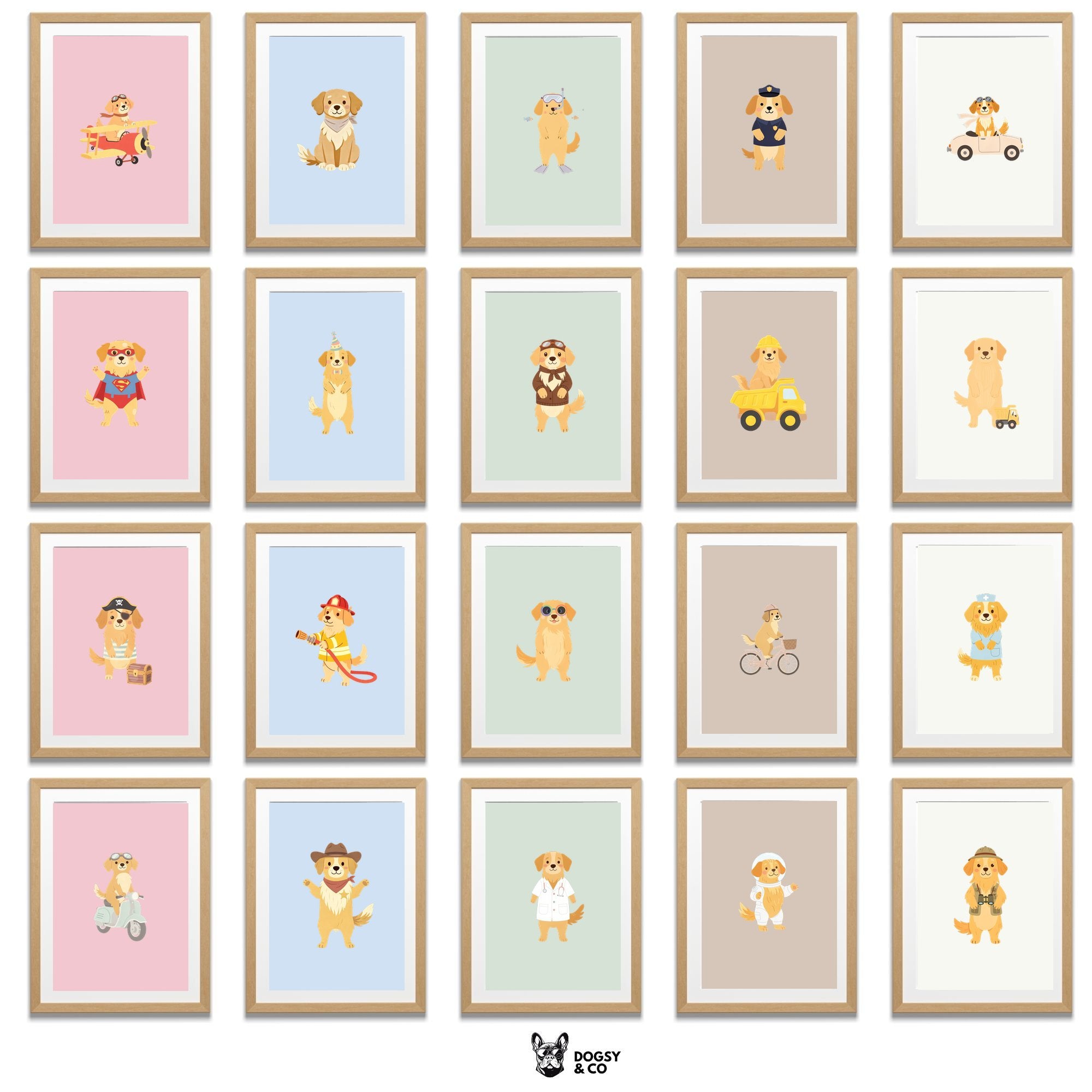Golden Retriever Kids Nursery Wall Art Print Bundle — 22 Dog Costume Designs, 5 Colours, 6 Print Sizes | Digital Download