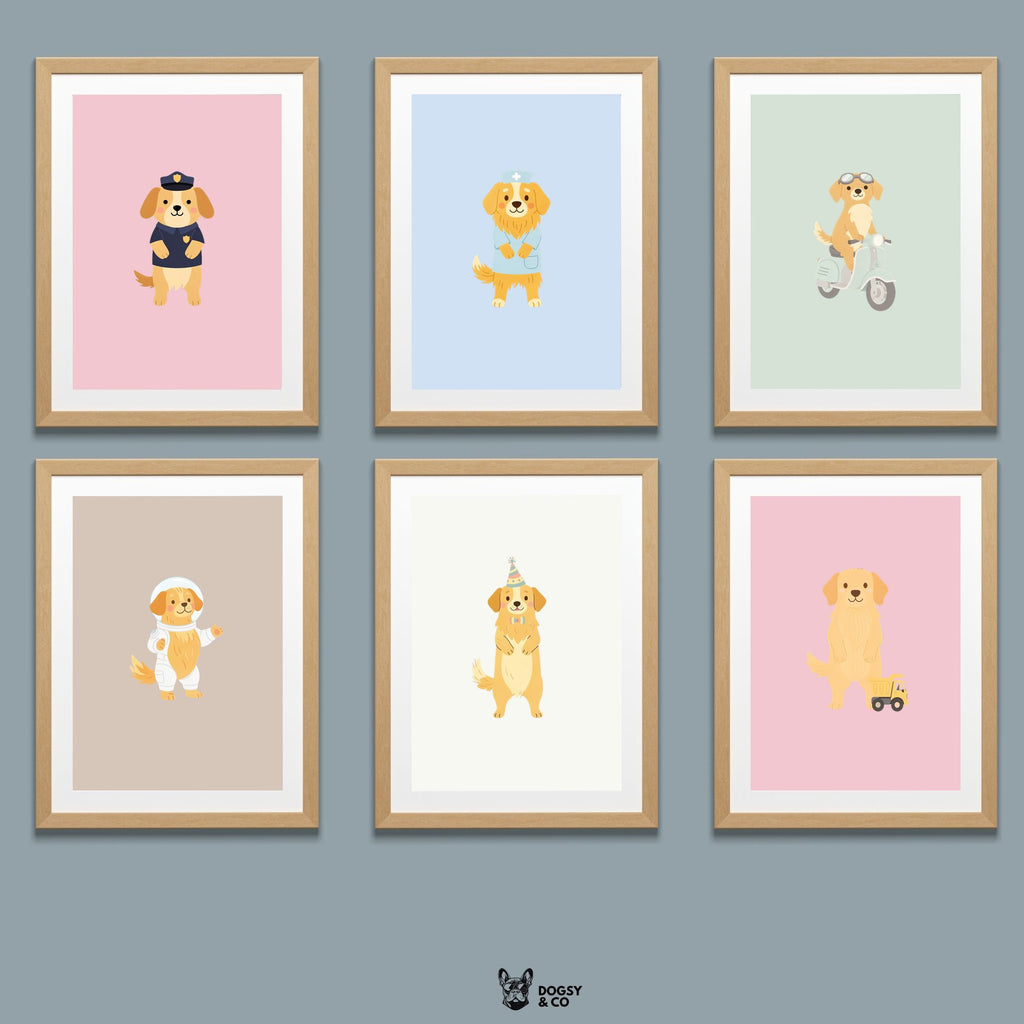 Golden Retriever Kids Nursery Wall Art Print Bundle — 22 Dog Costume Designs, 5 Colours, 6 Print Sizes | Digital Download