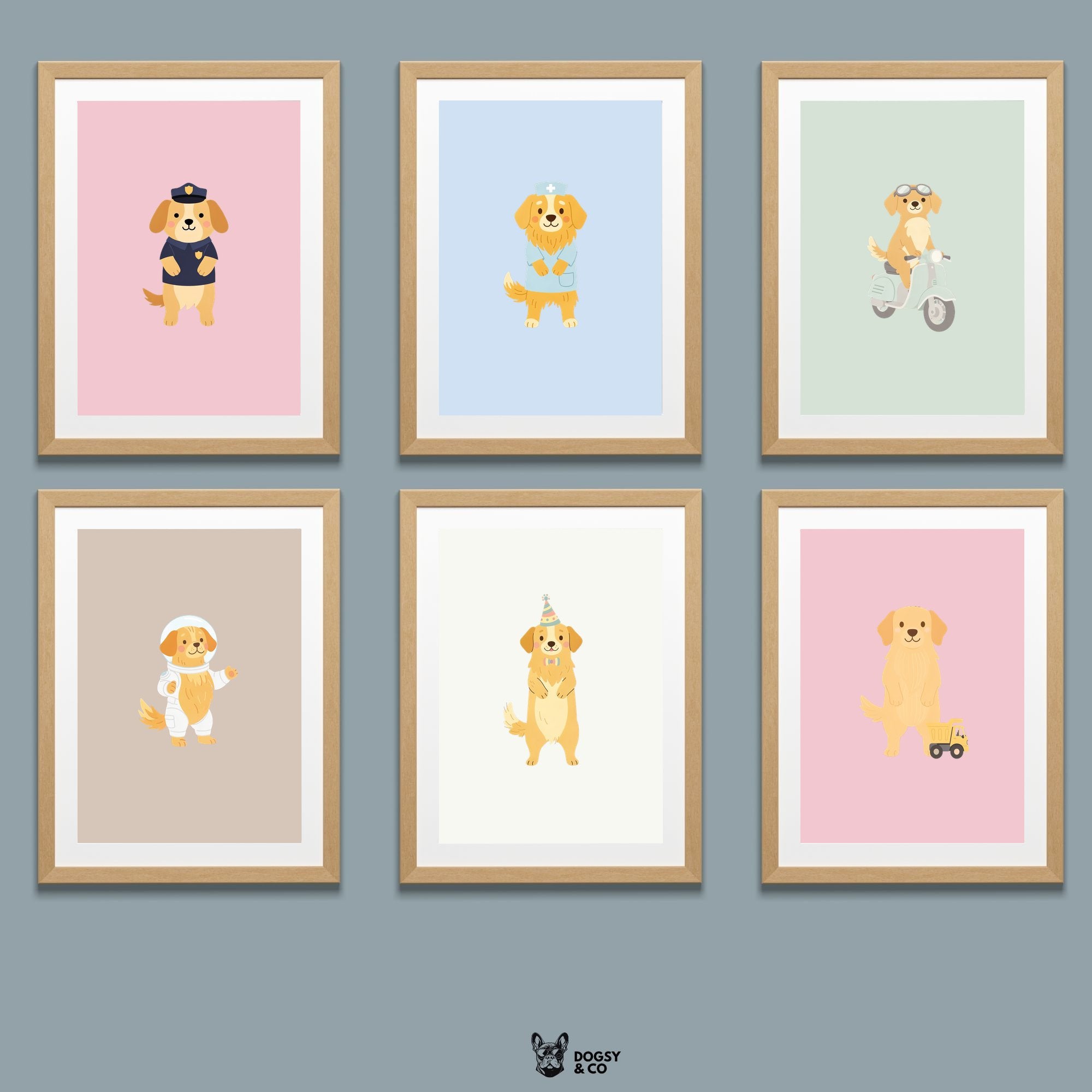 Golden Retriever Kids Nursery Wall Art Print Bundle — 22 Dog Costume Designs, 5 Colours, 6 Print Sizes | Digital Download