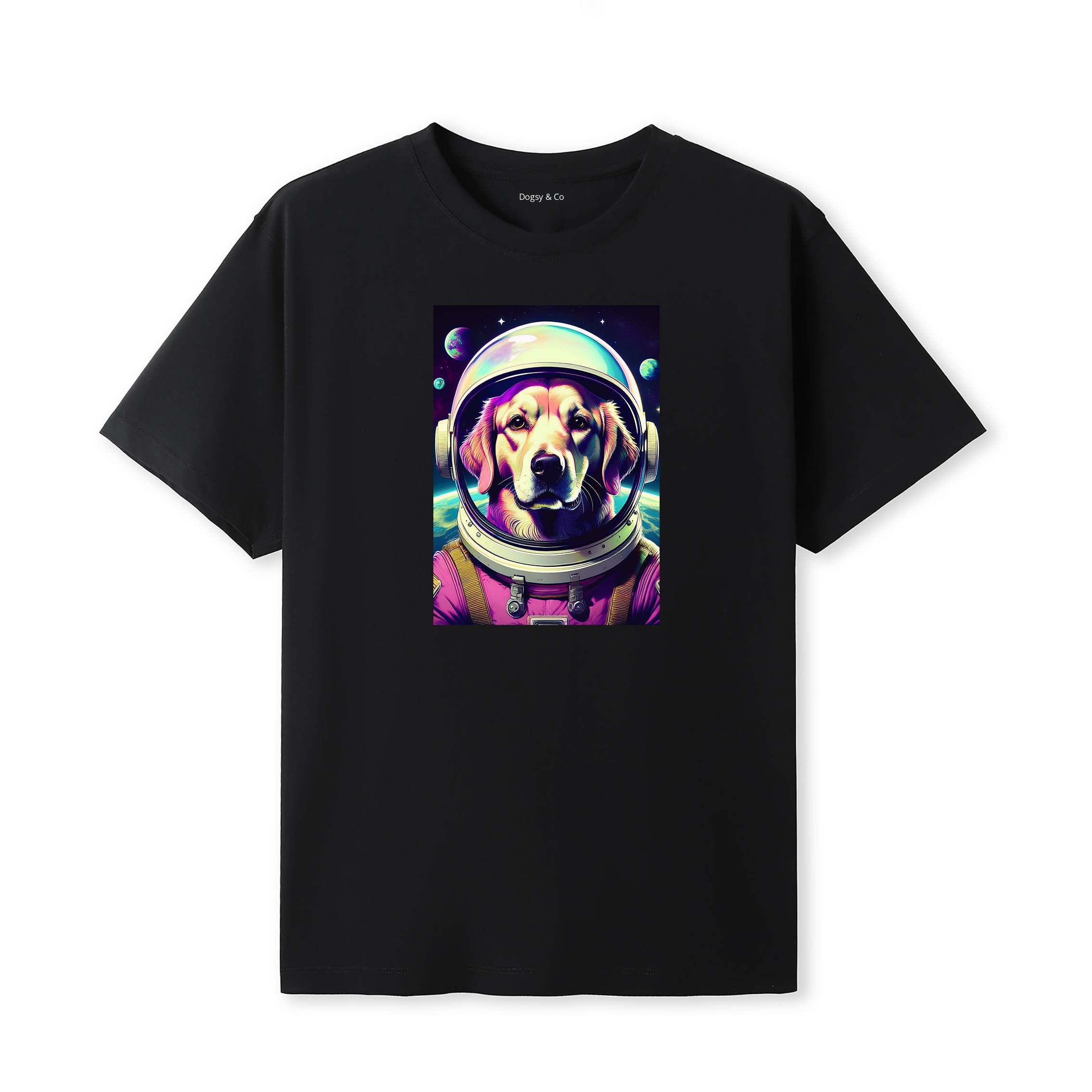 Golden Retriever Space Dogs T-Shirt colourful astronaut dog artwork in a retro space design