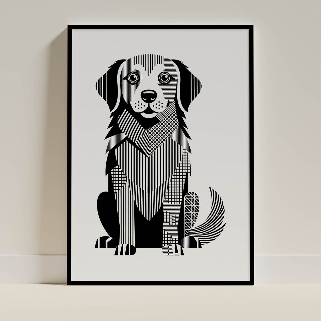 Golden Retriever Geometric Line Art - Black Frame Mockup