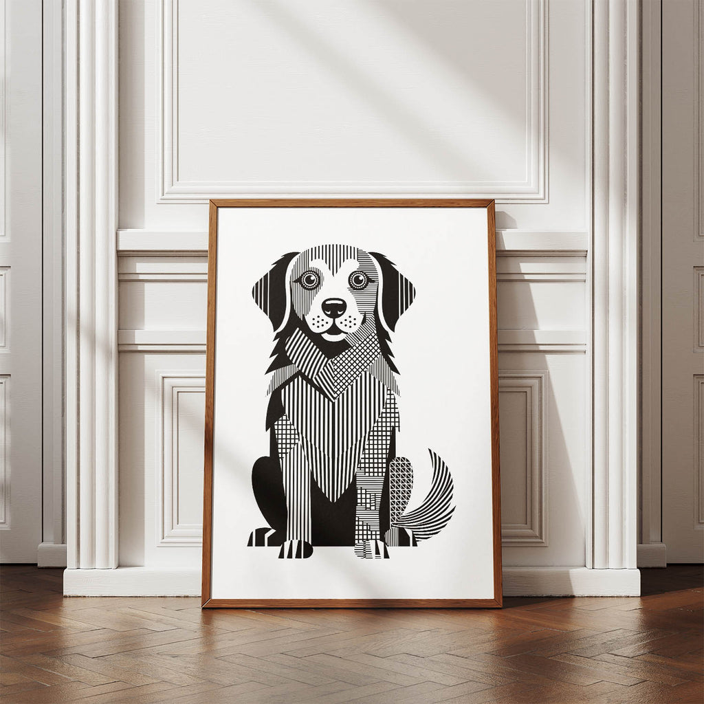 Golden Retriever Geometric Line Art Print - Framed Mockup