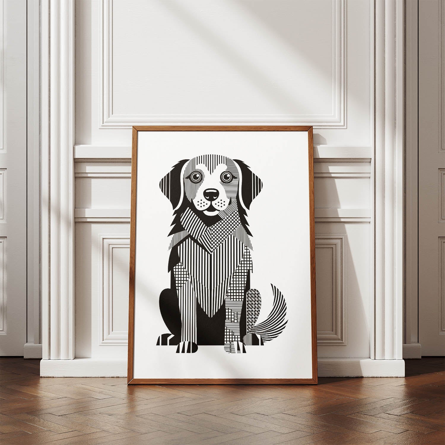 Golden Retriever Geometric Line Art Print - Framed Mockup