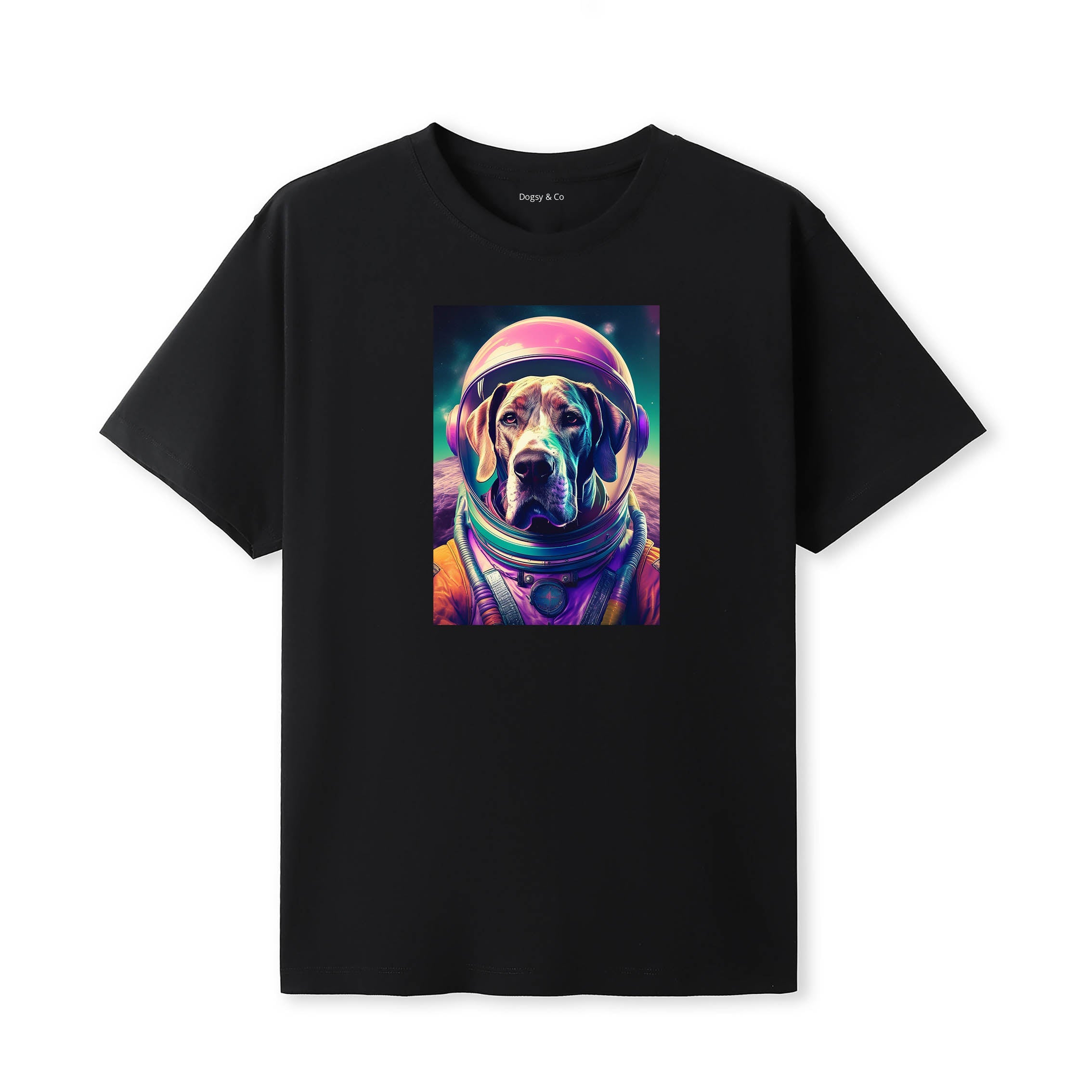 Great Dane Space Dogs T-Shirt colourful astronaut dog artwork in a retro space design