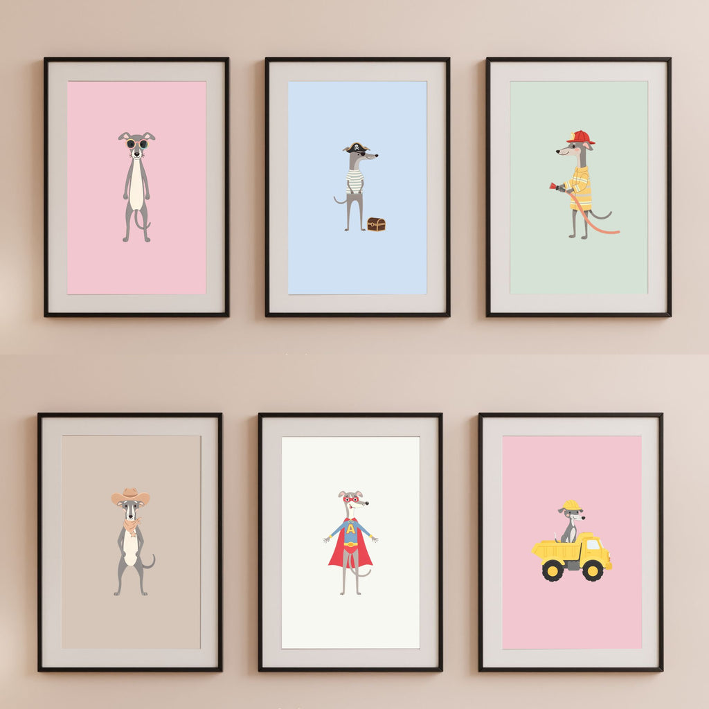 Greyhound Kids Nursery Wall Art Print Bundle — 22 Dog Costume Designs, 5 Colours, 6 Print Sizes | Digital Download