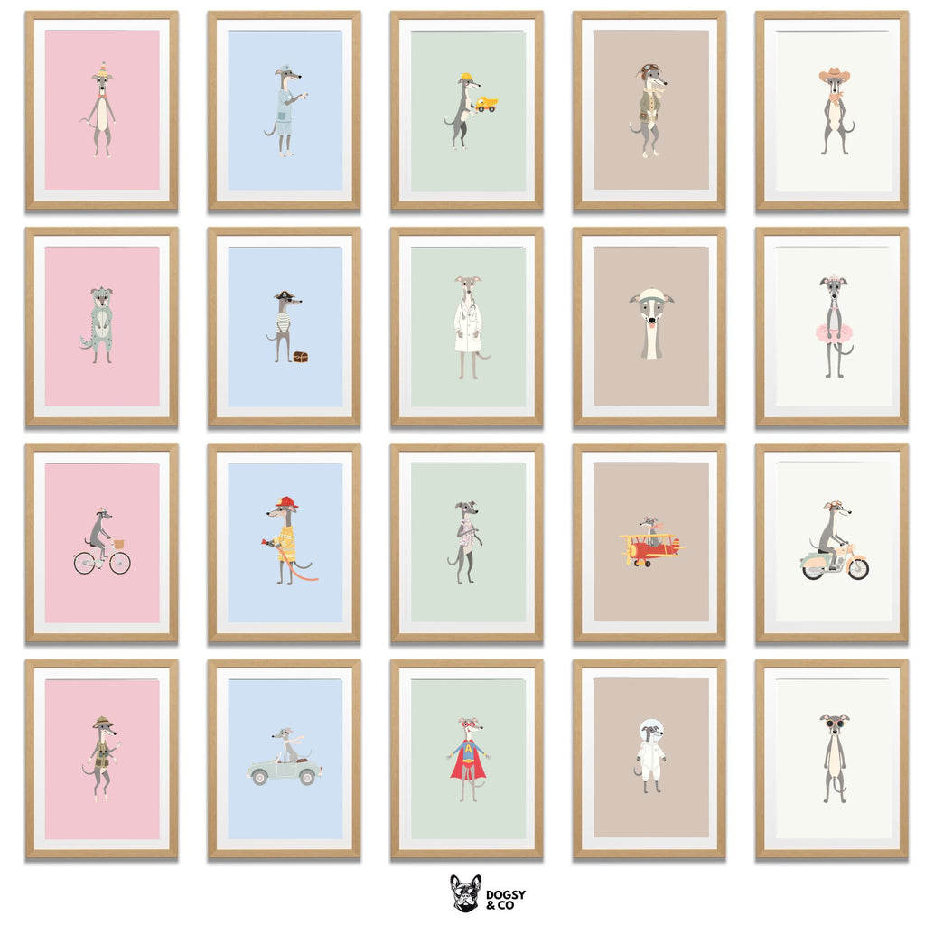 Greyhound Kids Nursery Wall Art Print Bundle — 22 Dog Costume Designs, 5 Colours, 6 Print Sizes | Digital Download