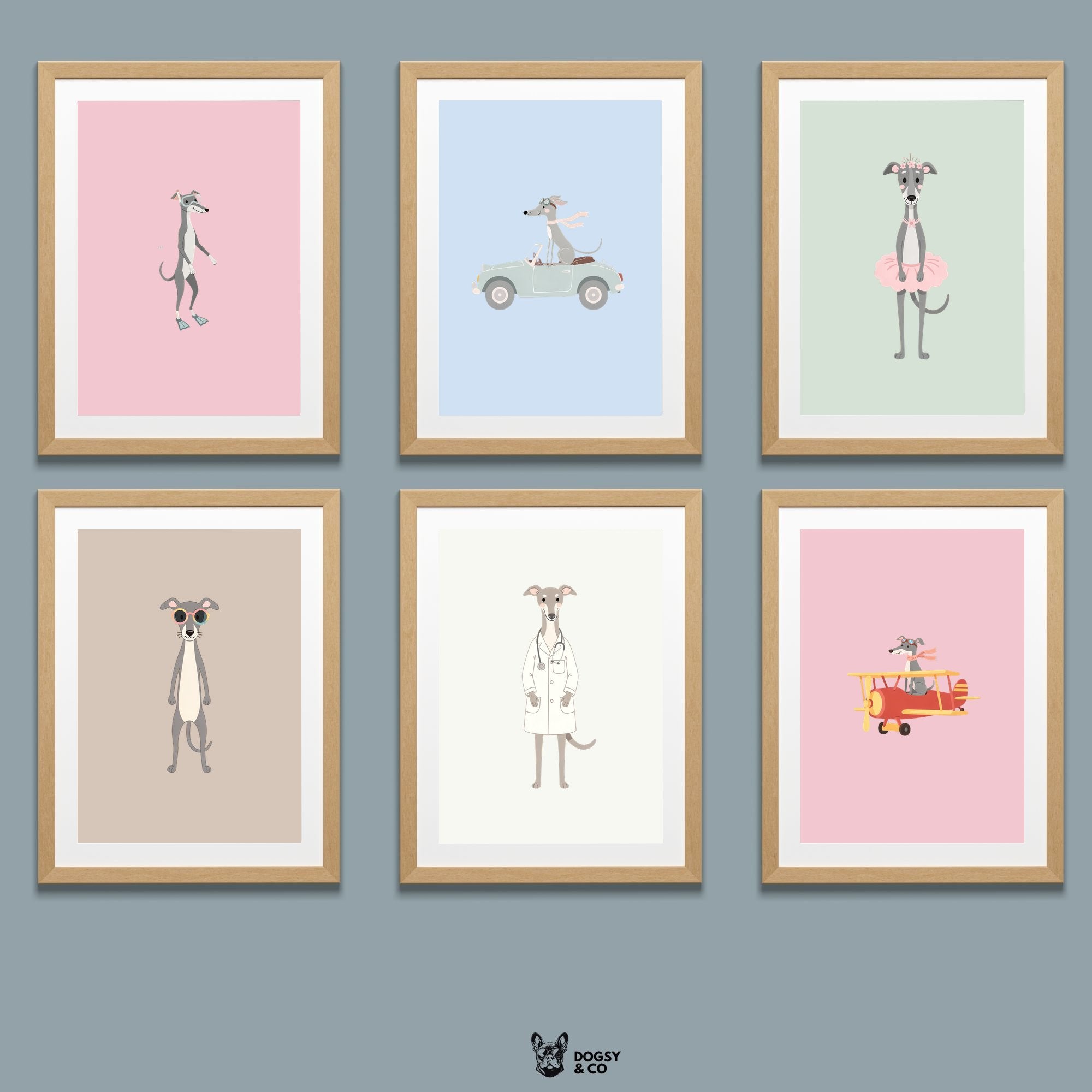 Greyhound Kids Nursery Wall Art Print Bundle — 22 Dog Costume Designs, 5 Colours, 6 Print Sizes | Digital Download