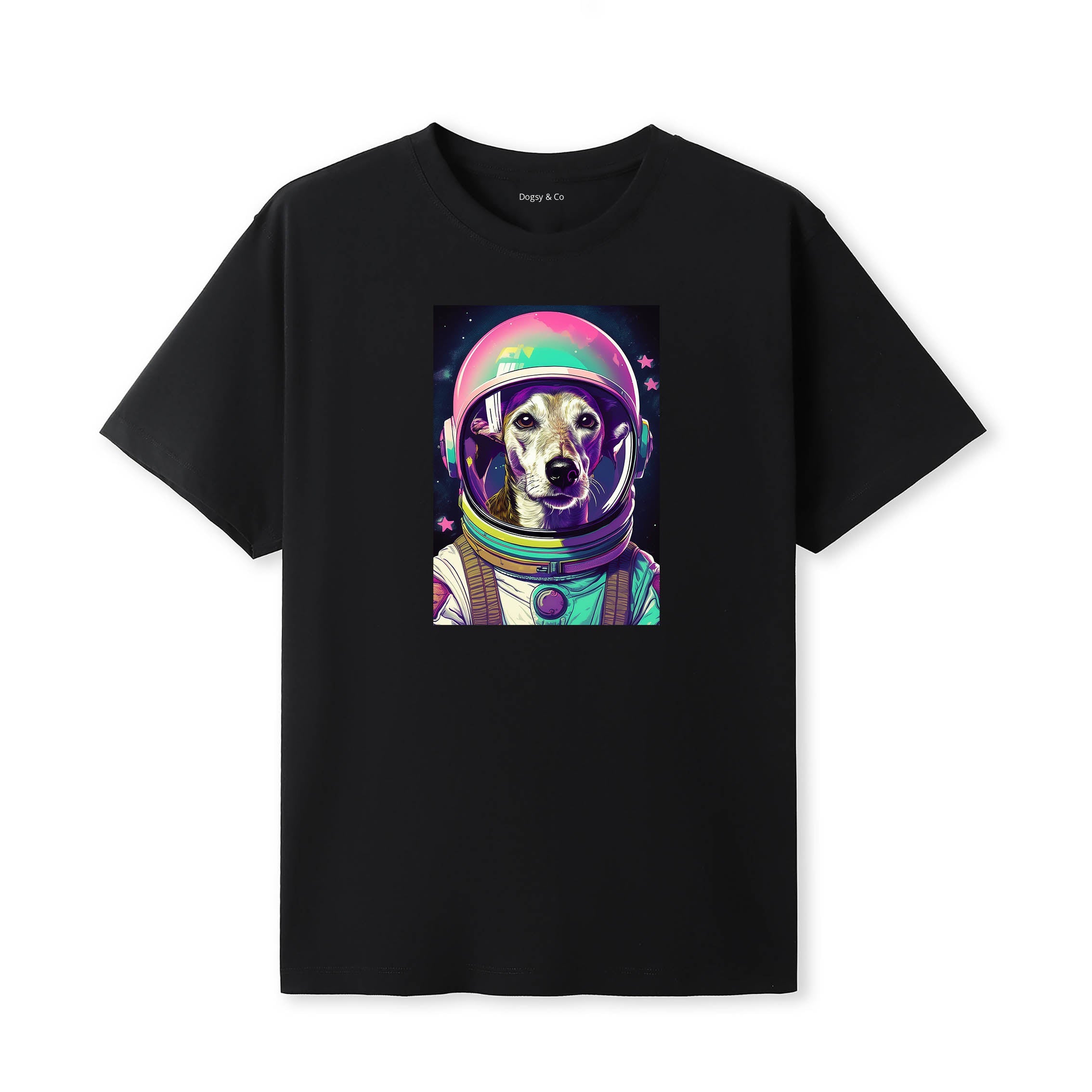 Greyhound Space Dogs T-Shirt colourful astronaut dog artwork in a retro space design