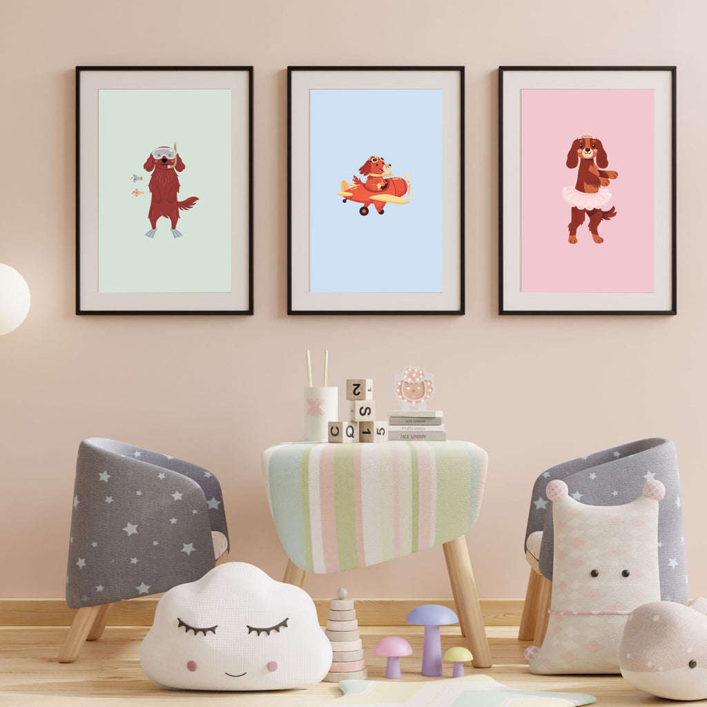 Irish Setter Kids Nursery Wall Art Print Bundle — 22 Dog Costume Designs, 5 Colours, 6 Print Sizes | Digital Download