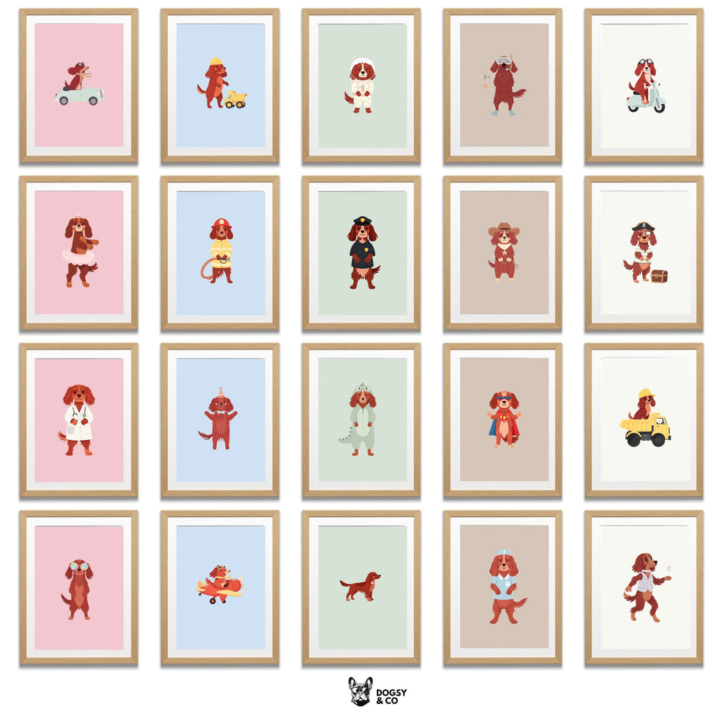 Irish Setter Kids Nursery Wall Art Print Bundle — 22 Dog Costume Designs, 5 Colours, 6 Print Sizes | Digital Download