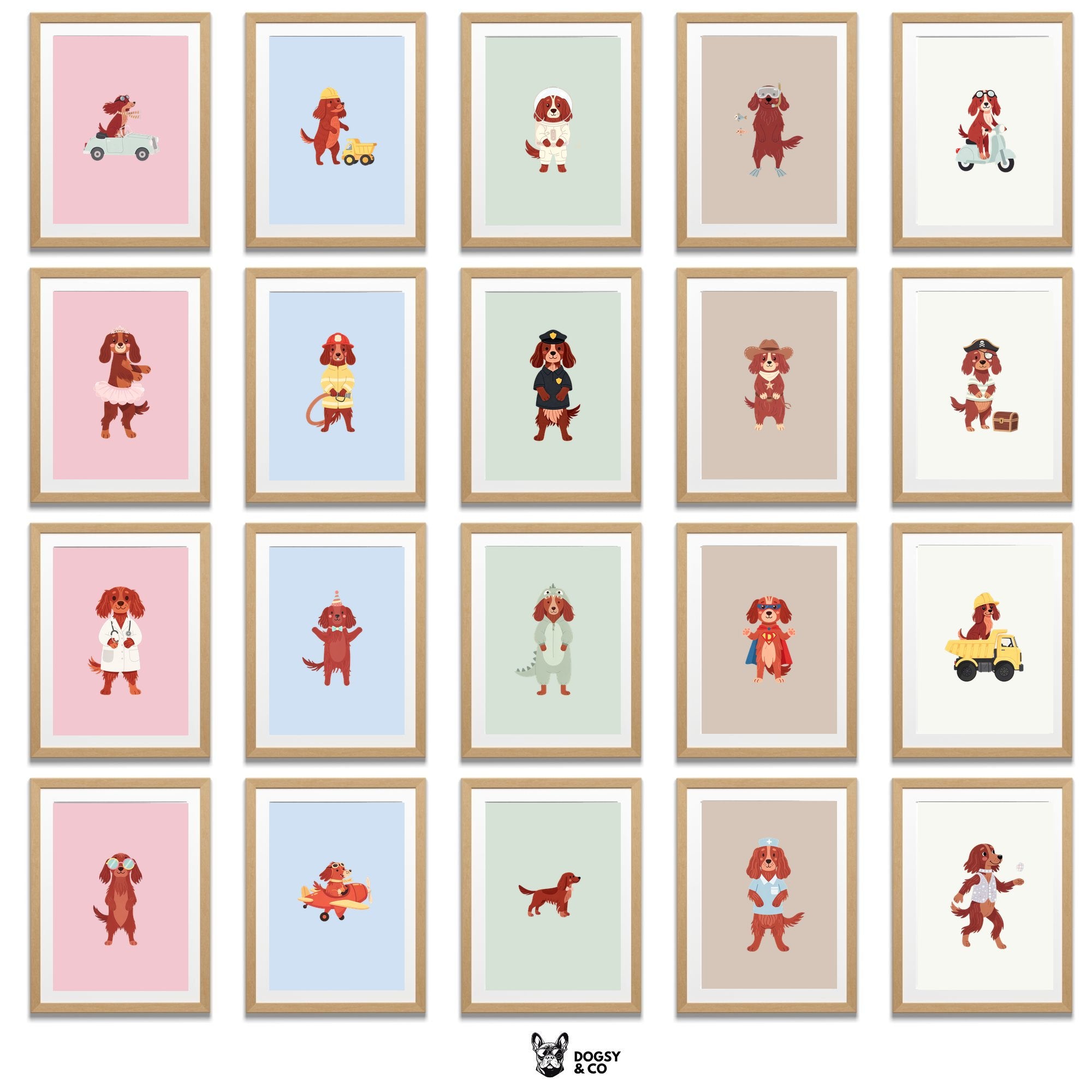 Irish Setter Kids Nursery Wall Art Print Bundle — 22 Dog Costume Designs, 5 Colours, 6 Print Sizes | Digital Download