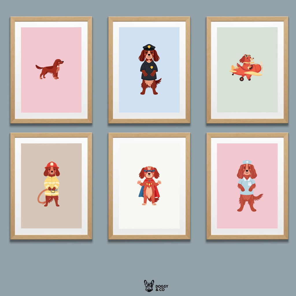 Irish Setter Kids Nursery Wall Art Print Bundle — 22 Dog Costume Designs, 5 Colours, 6 Print Sizes | Digital Download