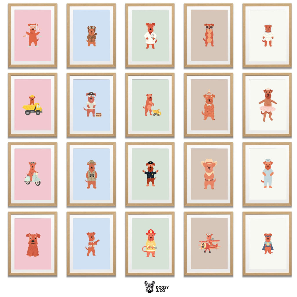 Irish Terrier Kids Nursery Wall Art Print Bundle — 22 Dog Costume Designs, 5 Colours, 6 Print Sizes | Digital Download