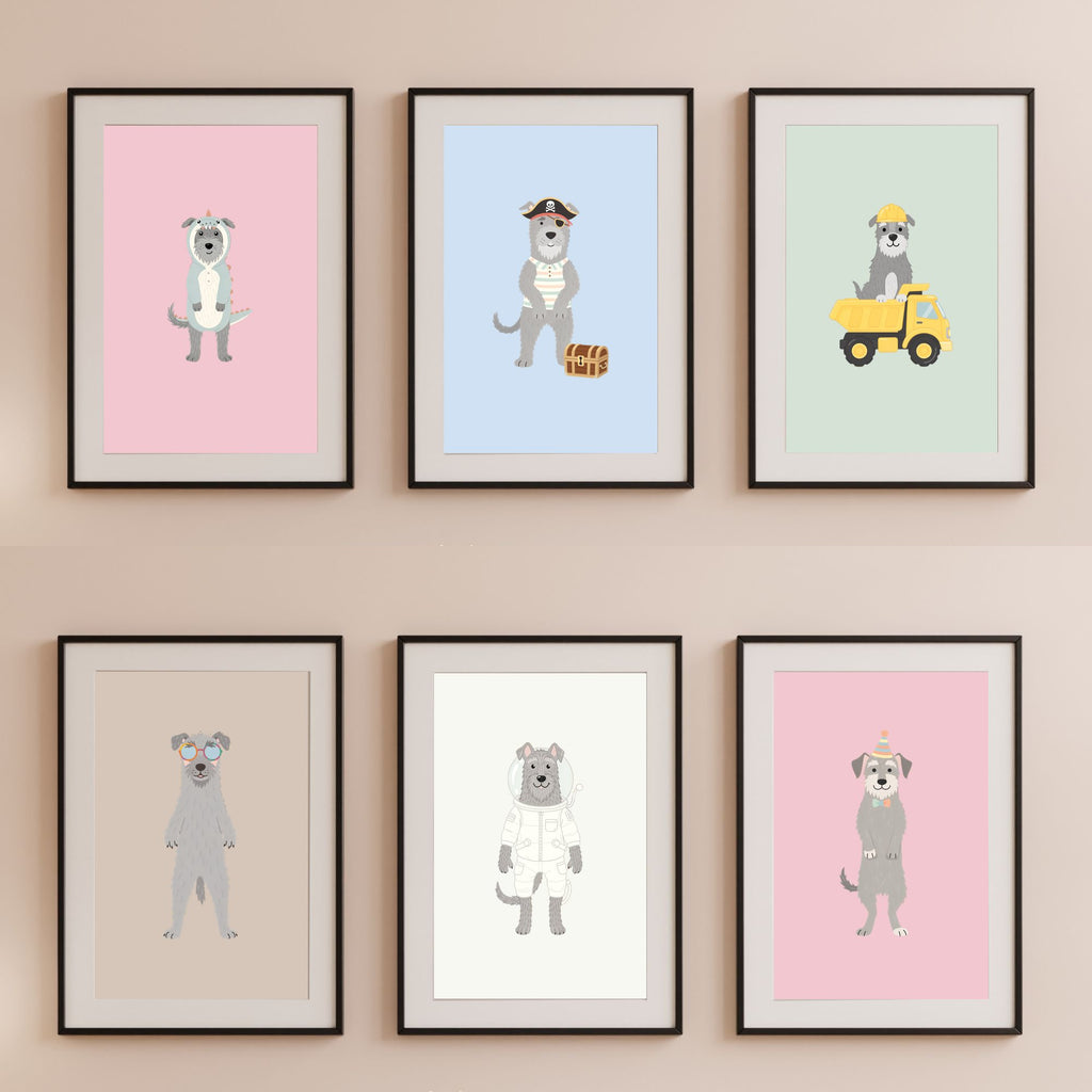Irish Wolfhound Kids Nursery Wall Art Print Bundle — 22 Dog Costume Designs, 5 Colours, 6 Print Sizes | Digital Download