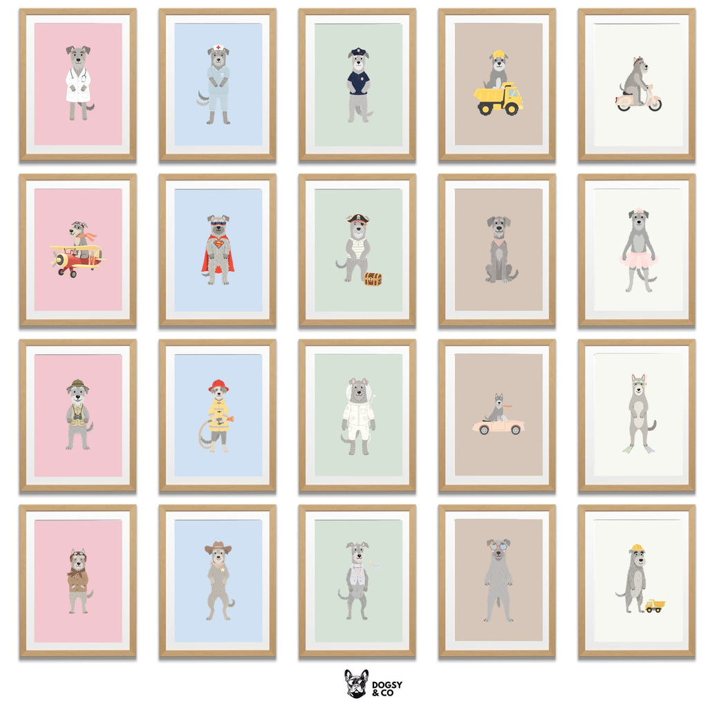 Irish Wolfhound Kids Nursery Wall Art Print Bundle — 22 Dog Costume Designs, 5 Colours, 6 Print Sizes | Digital Download