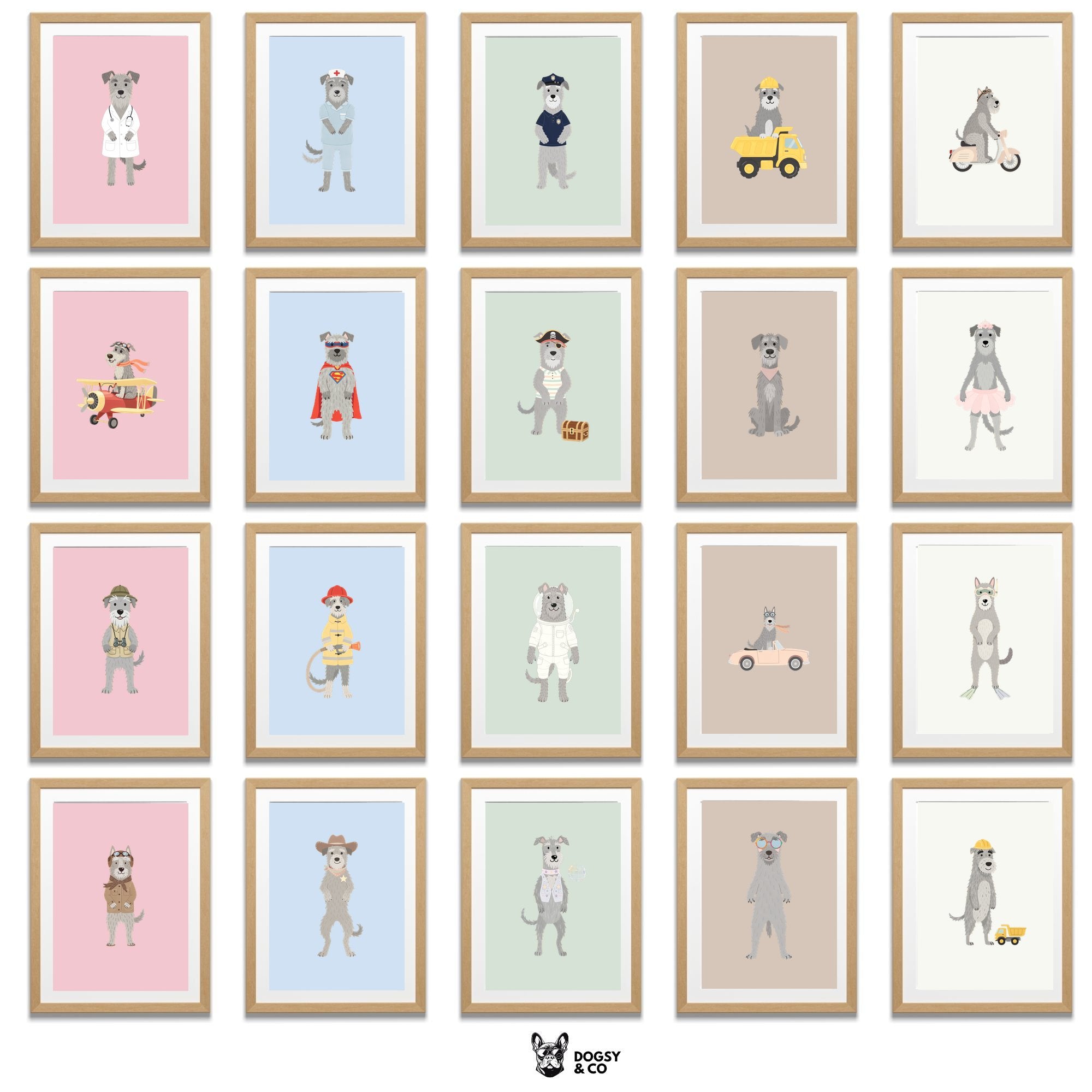 Irish Wolfhound Kids Nursery Wall Art Print Bundle — 22 Dog Costume Designs, 5 Colours, 6 Print Sizes | Digital Download