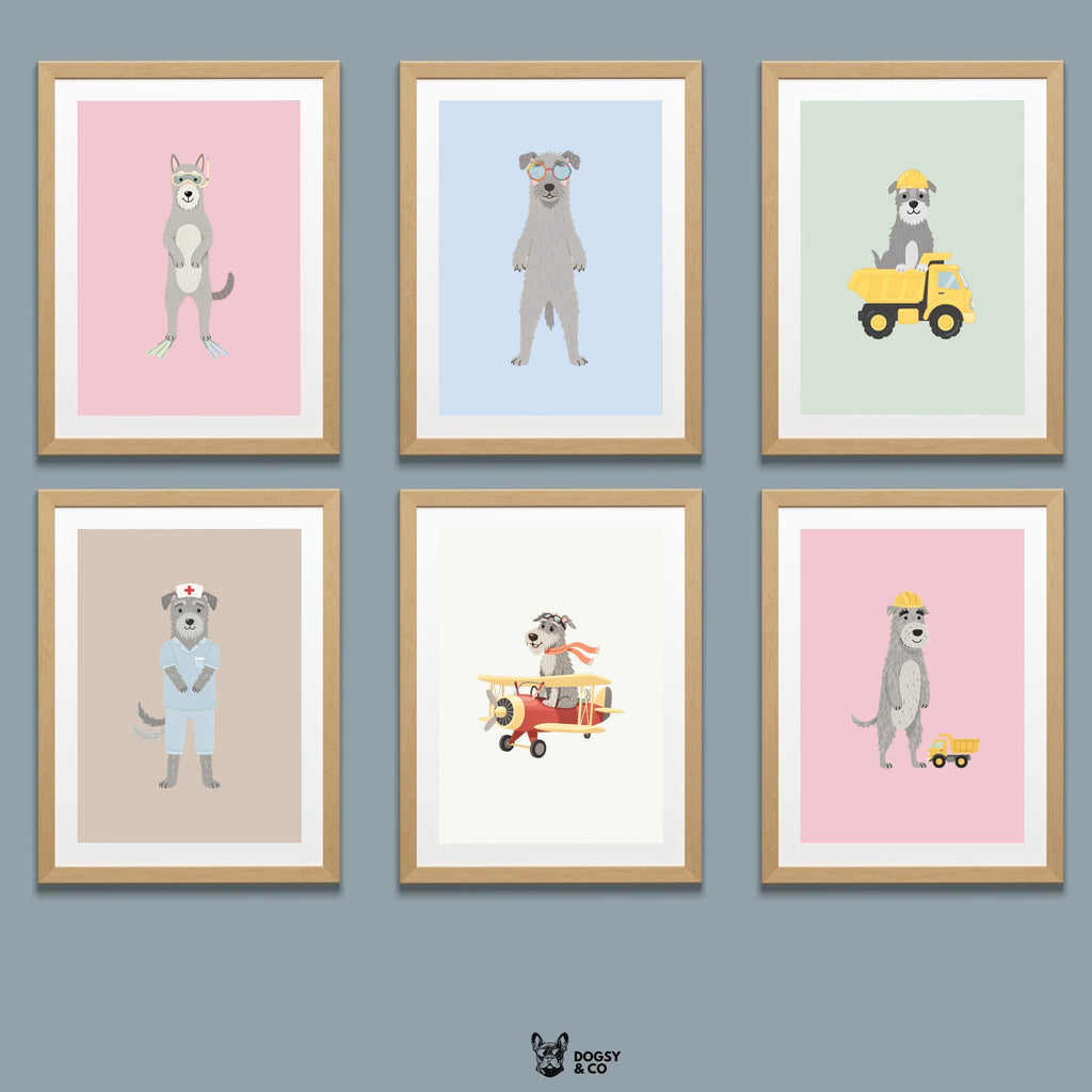 Irish Wolfhound Kids Nursery Wall Art Print Bundle — 22 Dog Costume Designs, 5 Colours, 6 Print Sizes | Digital Download