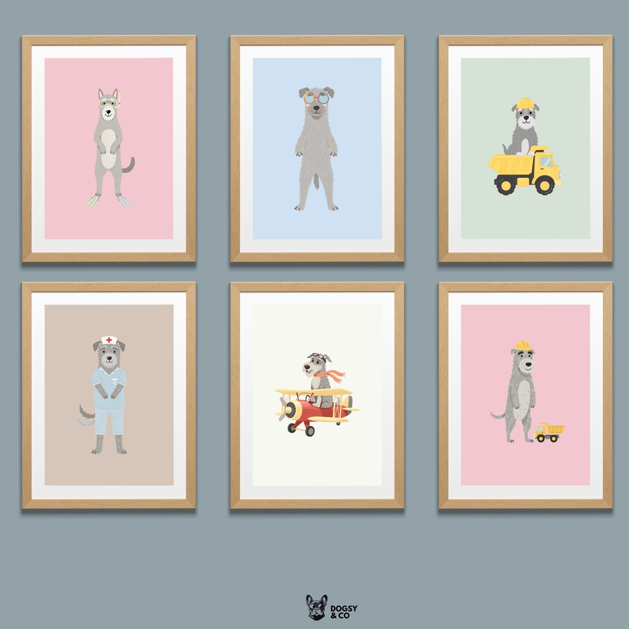 Irish Wolfhound Kids Nursery Wall Art Print Bundle — 22 Dog Costume Designs, 5 Colours, 6 Print Sizes | Digital Download