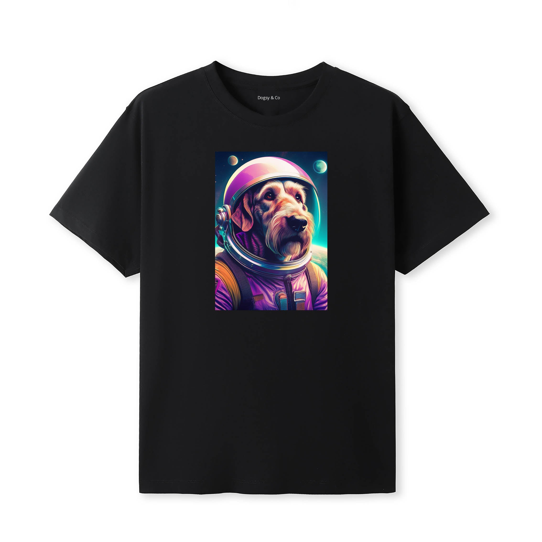 Irish Wolfhound Space Dogs T-Shirt colourful astronaut dog artwork in a retro space design