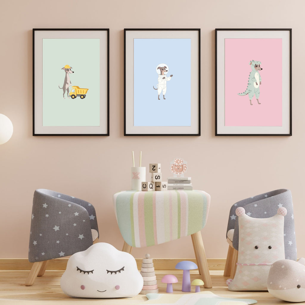 Italian Greyhound Kids Nursery Wall Art Print Bundle — 22 Dog Costume Designs, 5 Colours, 6 Print Sizes | Digital Download