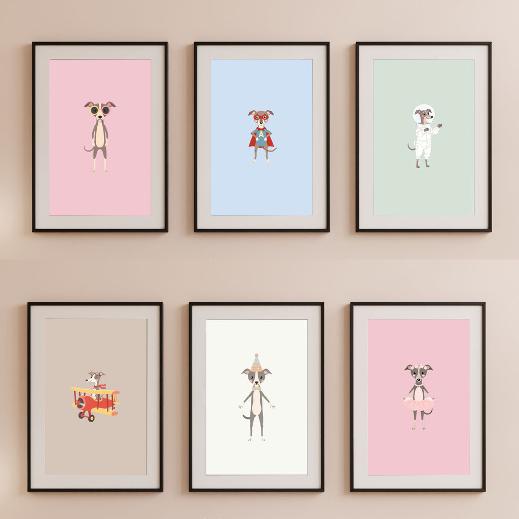 Italian Greyhound Kids Nursery Wall Art Print Bundle — 22 Dog Costume Designs, 5 Colours, 6 Print Sizes | Digital Download