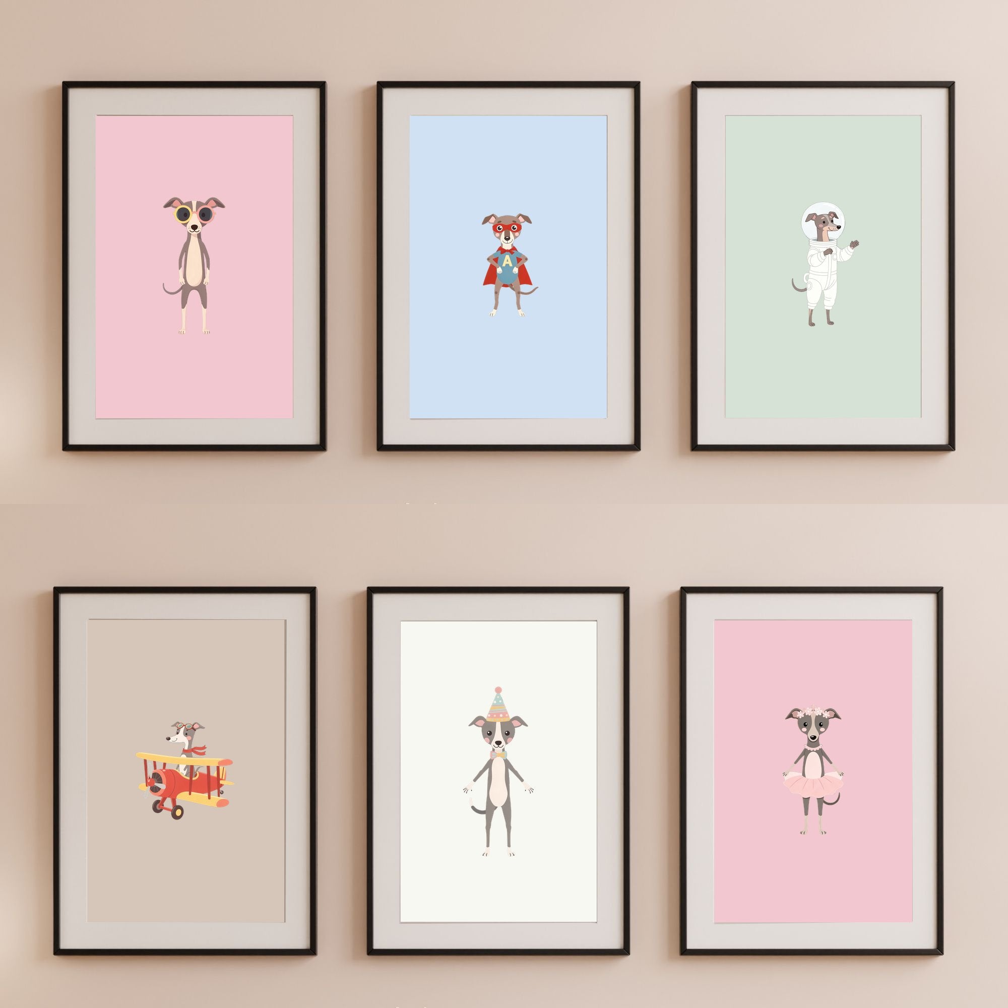 Italian Greyhound Kids Nursery Wall Art Print Bundle — 22 Dog Costume Designs, 5 Colours, 6 Print Sizes | Digital Download
