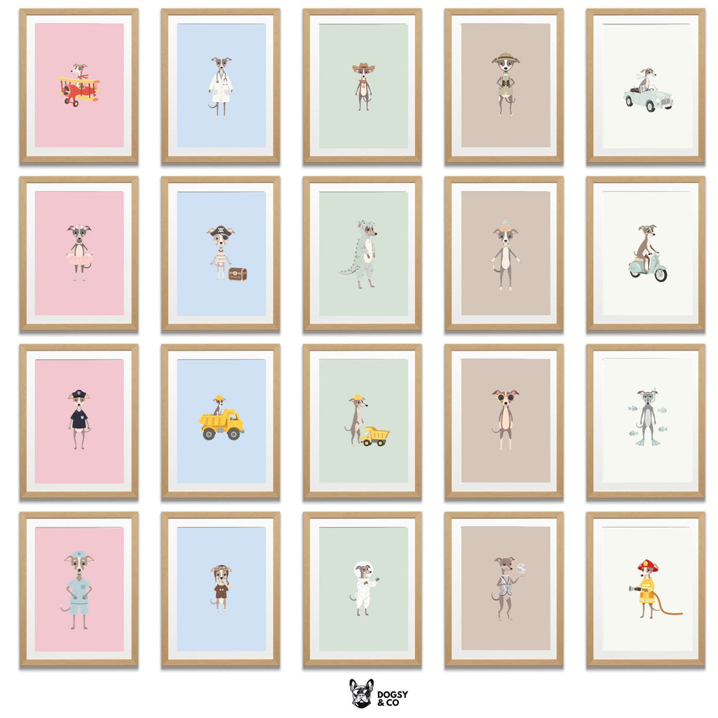 Italian Greyhound Kids Nursery Wall Art Print Bundle — 22 Dog Costume Designs, 5 Colours, 6 Print Sizes | Digital Download