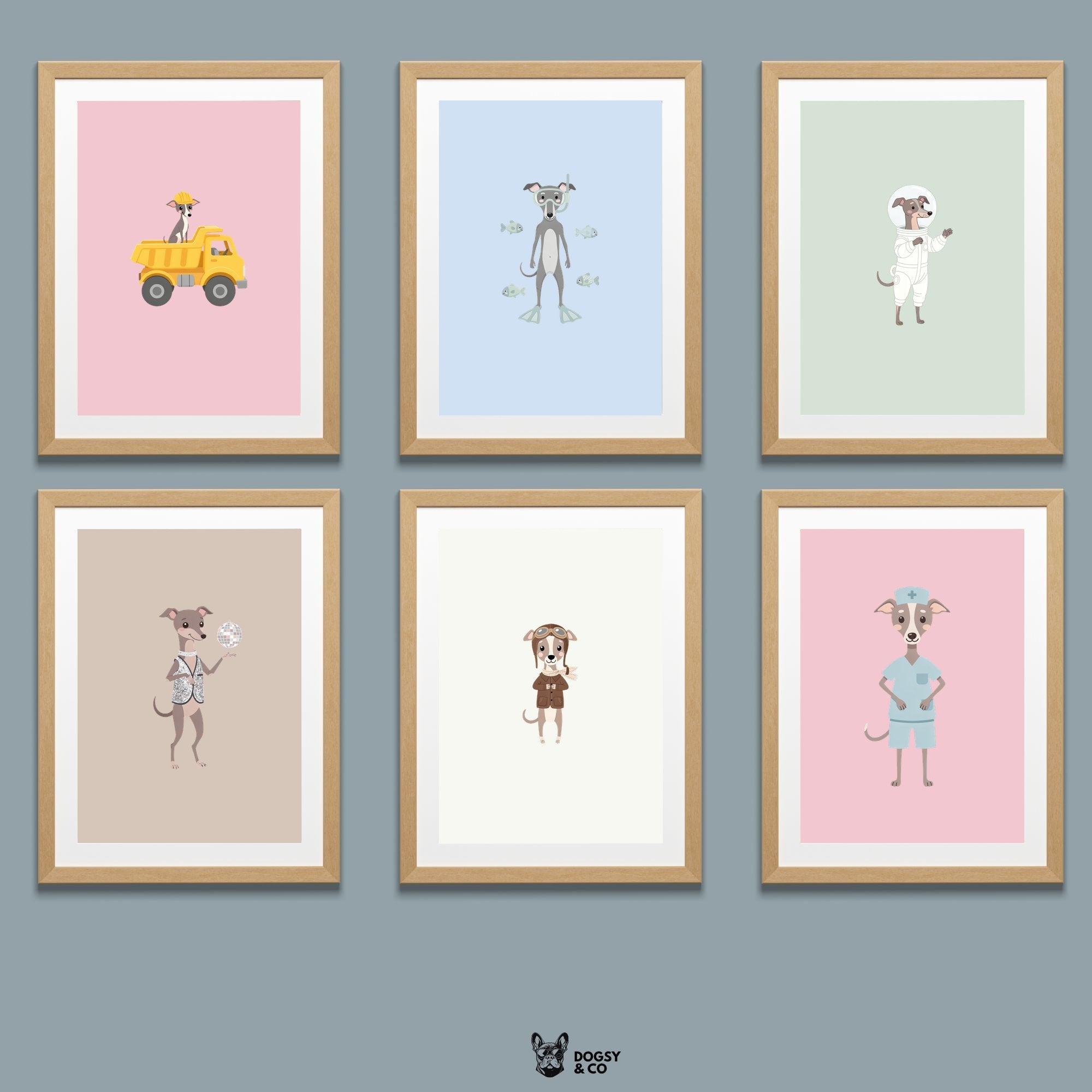 Italian Greyhound Kids Nursery Wall Art Print Bundle — 22 Dog Costume Designs, 5 Colours, 6 Print Sizes | Digital Download