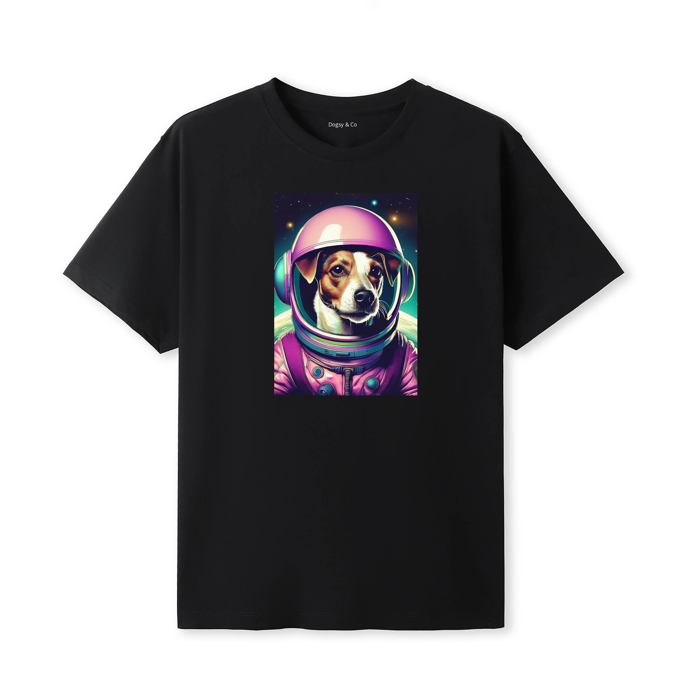 Jack Russell Space Dogs T-Shirt colourful astronaut dog artwork in a retro space design
