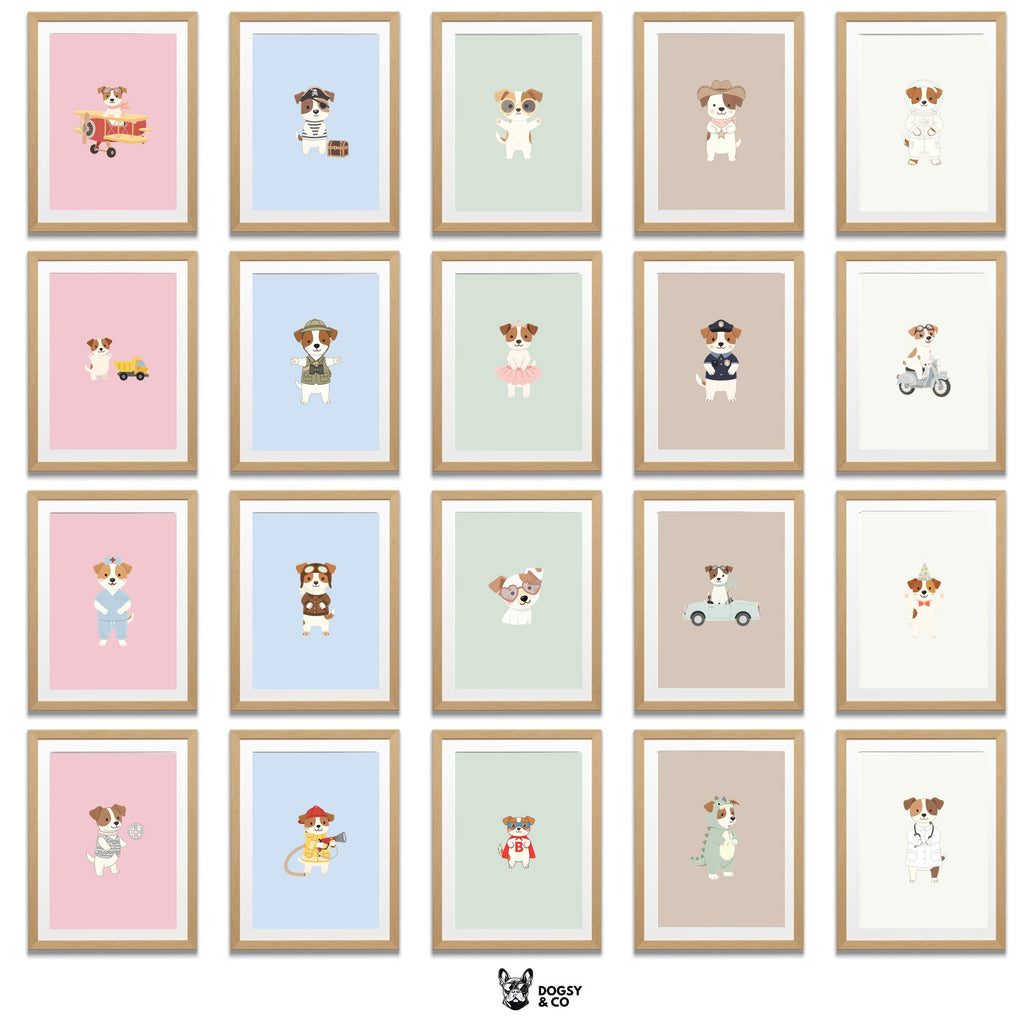 Jack Russell Kids Nursery Wall Art Print Bundle — 22 Dog Costume Designs, 5 Colours, 6 Print Sizes | Digital Download