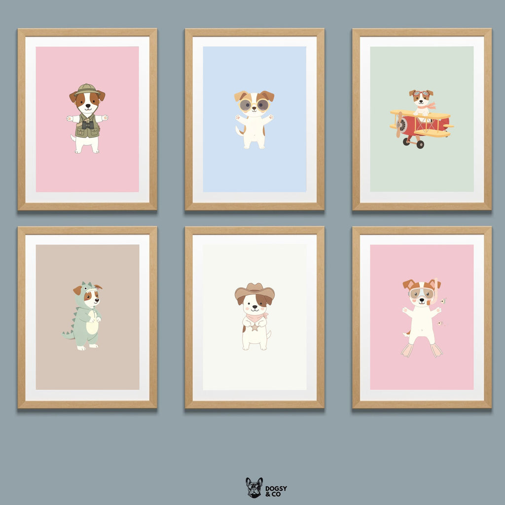 Jack Russell Kids Nursery Wall Art Print Bundle — 22 Dog Costume Designs, 5 Colours, 6 Print Sizes | Digital Download
