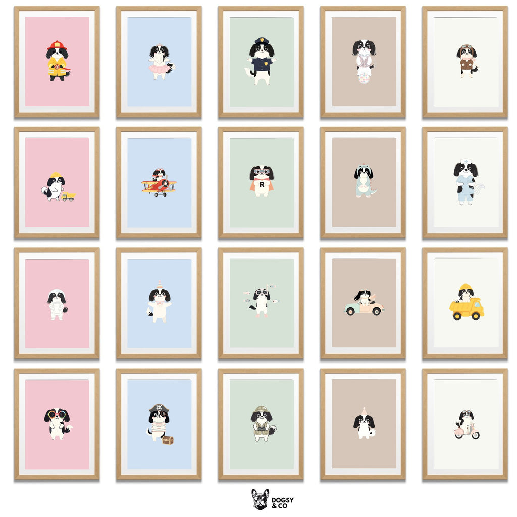 Japanese Chin Kids Nursery Wall Art Print Bundle — 22 Dog Costume Designs, 5 Colours, 6 Print Sizes | Digital Download