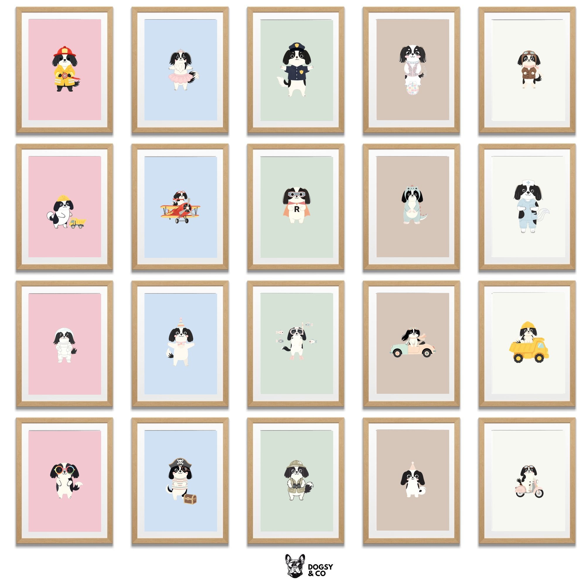 Japanese Chin Kids Nursery Wall Art Print Bundle — 22 Dog Costume Designs, 5 Colours, 6 Print Sizes | Digital Download