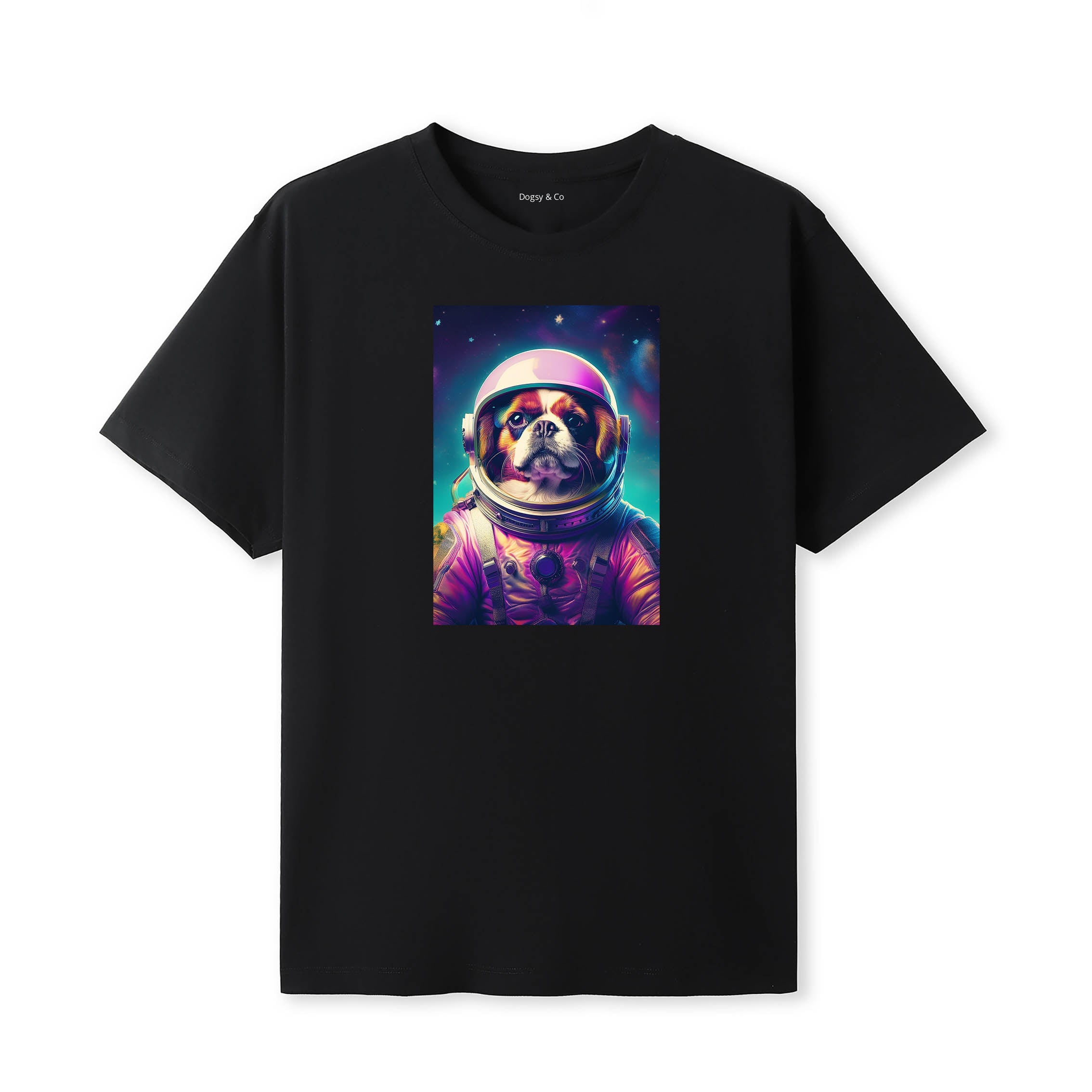 Japanese Chin Space Dogs T-Shirt colourful astronaut dog artwork in a retro space design