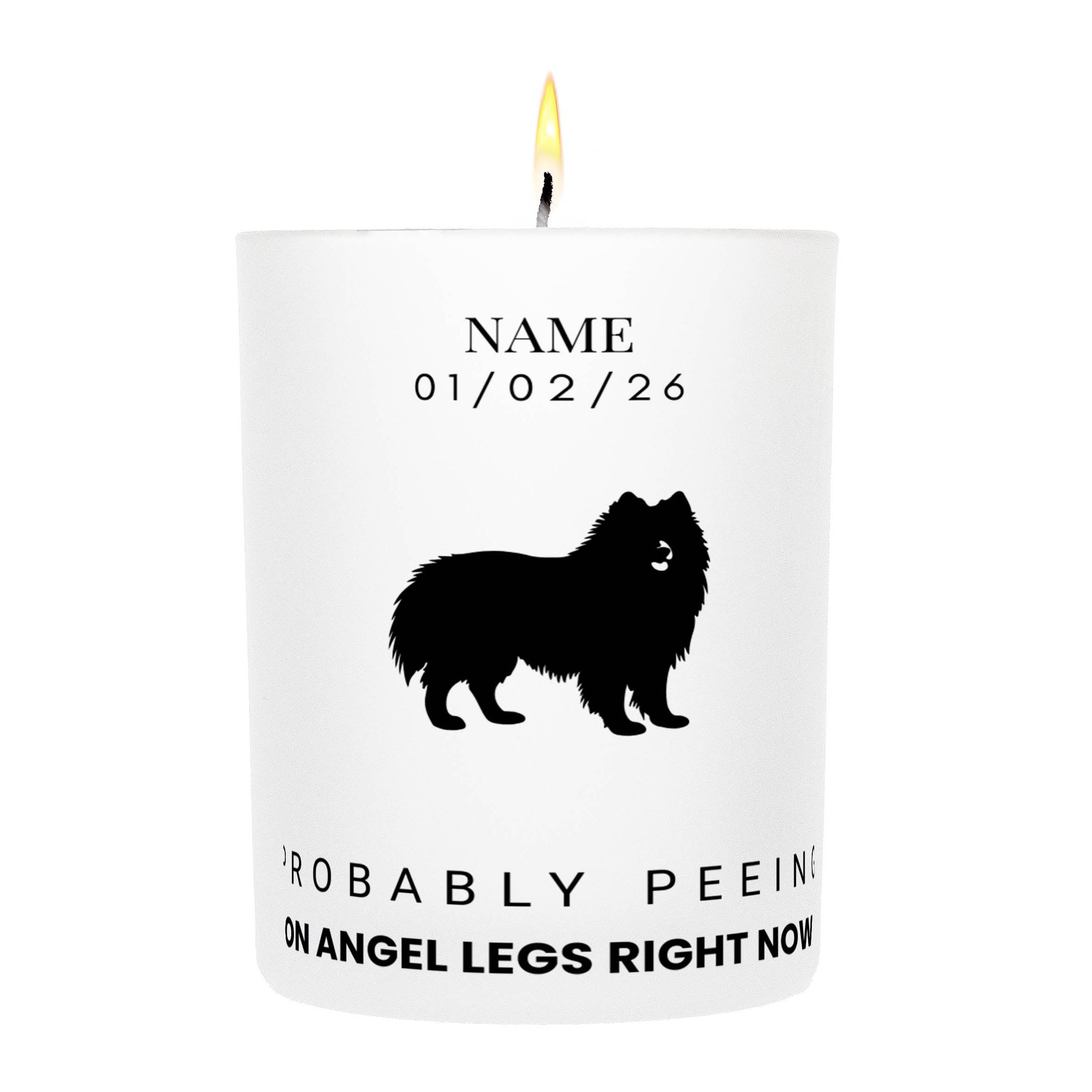 Keeshond – Probably Peeing on Angel Legs Right Now Custom Candle