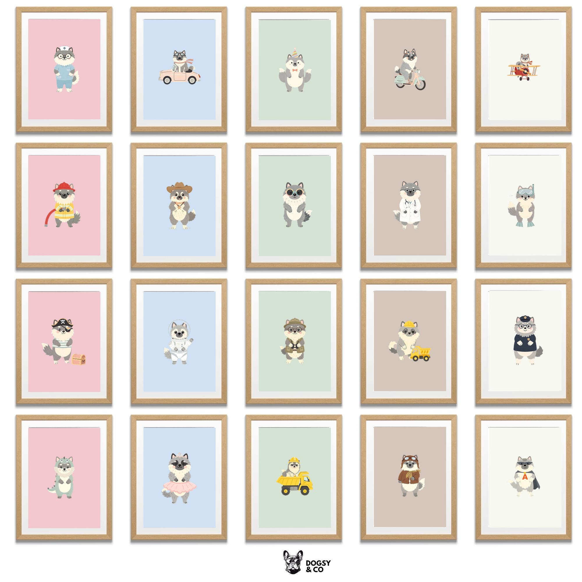 Keeshond Kids Nursery Wall Art Print Bundle — 22 Dog Costume Designs, 5 Colours, 6 Print Sizes | Digital Download