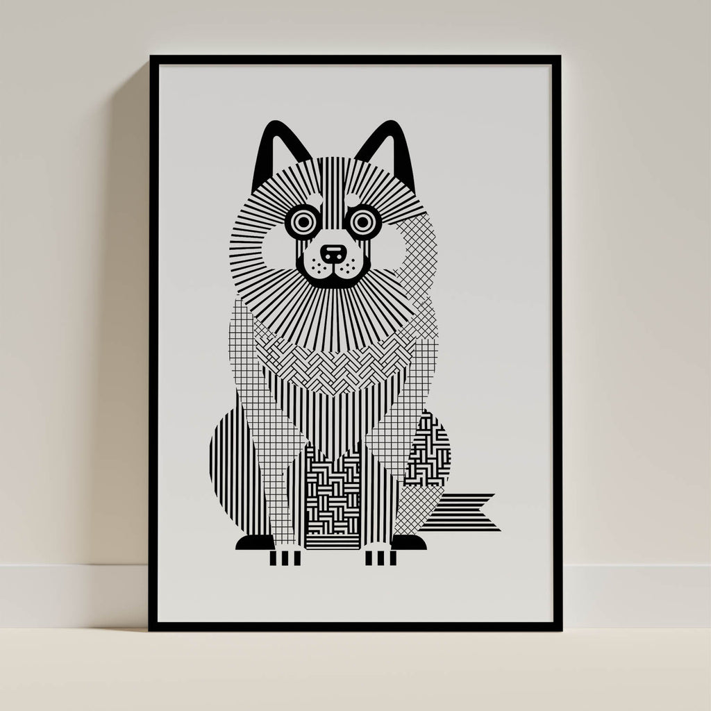 Keeshond Geometric Line Art Print - Framed Mockup