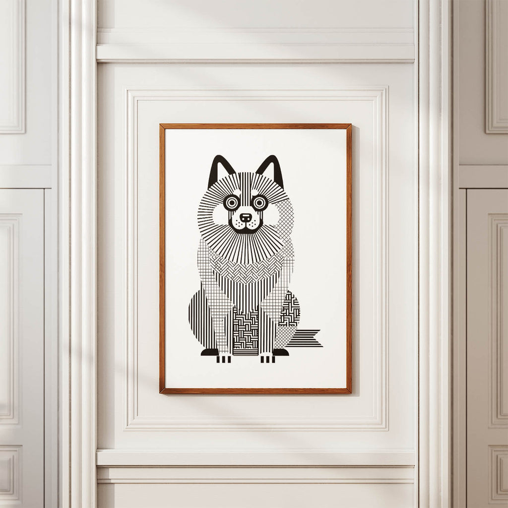 Keeshond Geometric Line Art Print - Framed Mockup