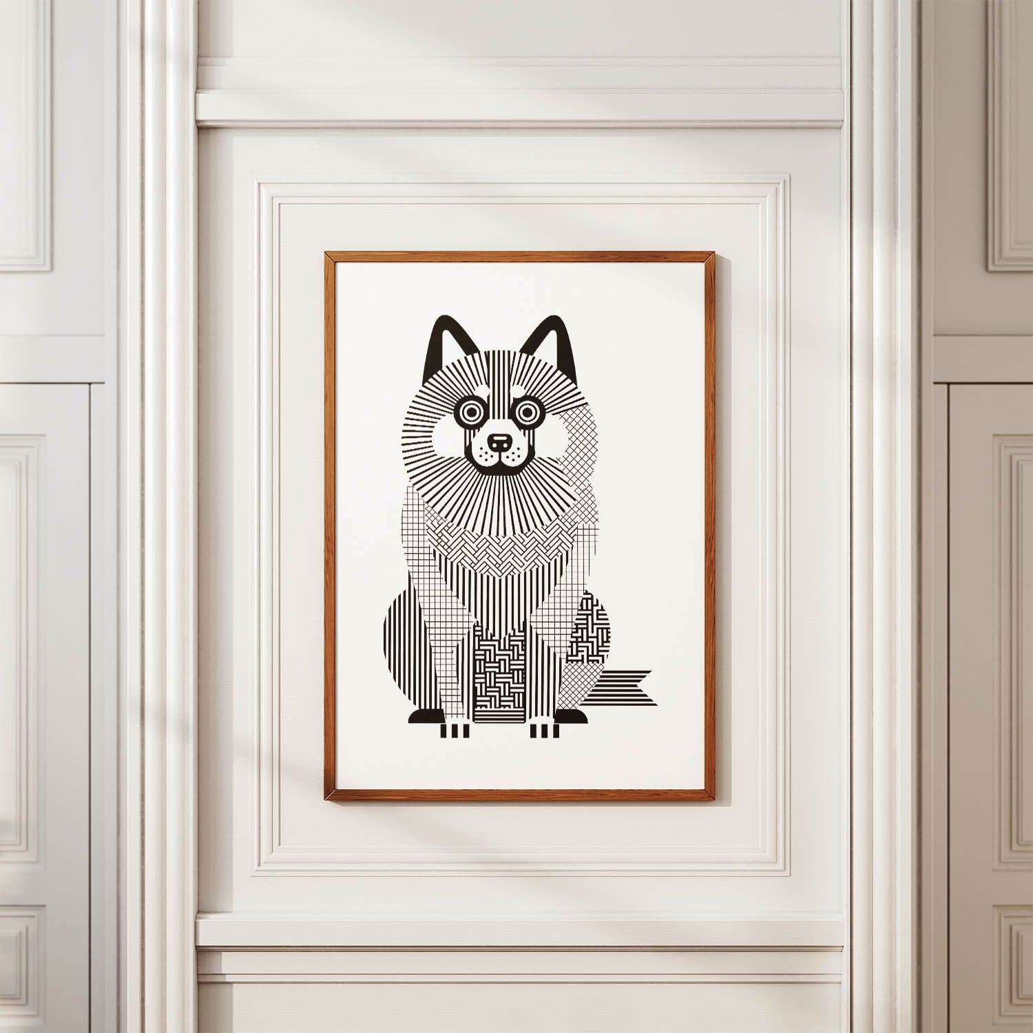 Keeshond Geometric Line Art Print - Framed Mockup