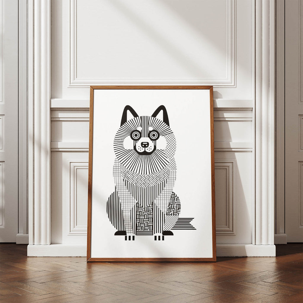 Keeshond Geometric Line Art Print - Framed Mockup