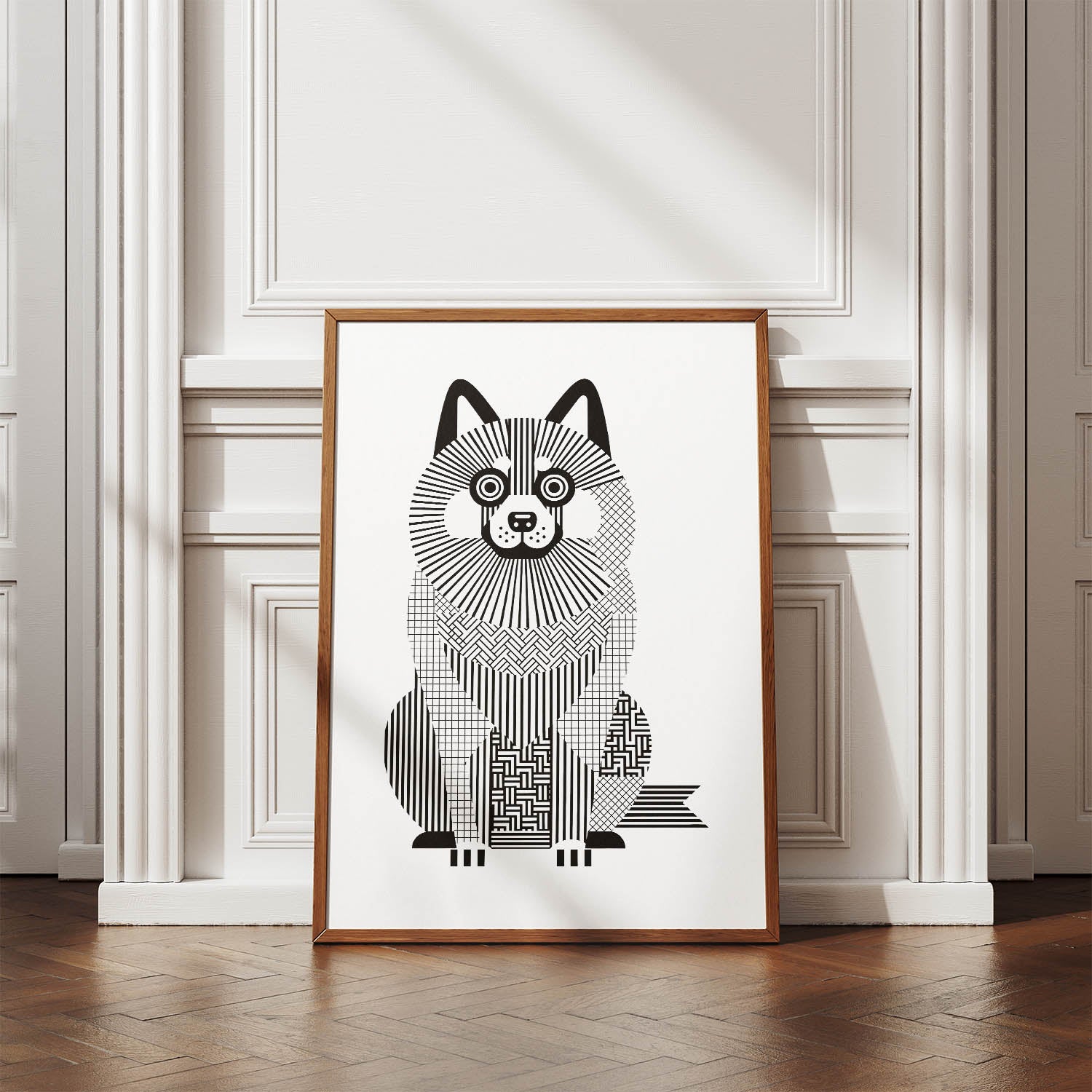 Keeshond Geometric Line Art Print - Framed Mockup