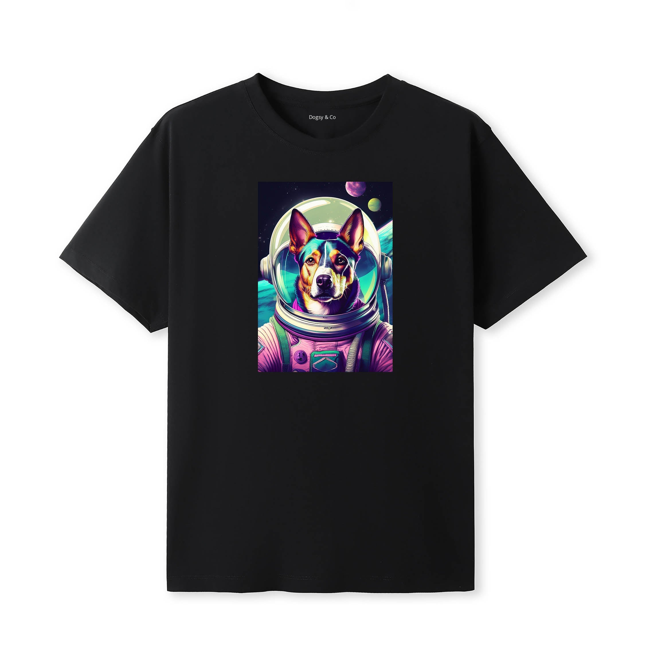 Kelpie Space Dogs T-Shirt colourful astronaut dog artwork in a retro space design