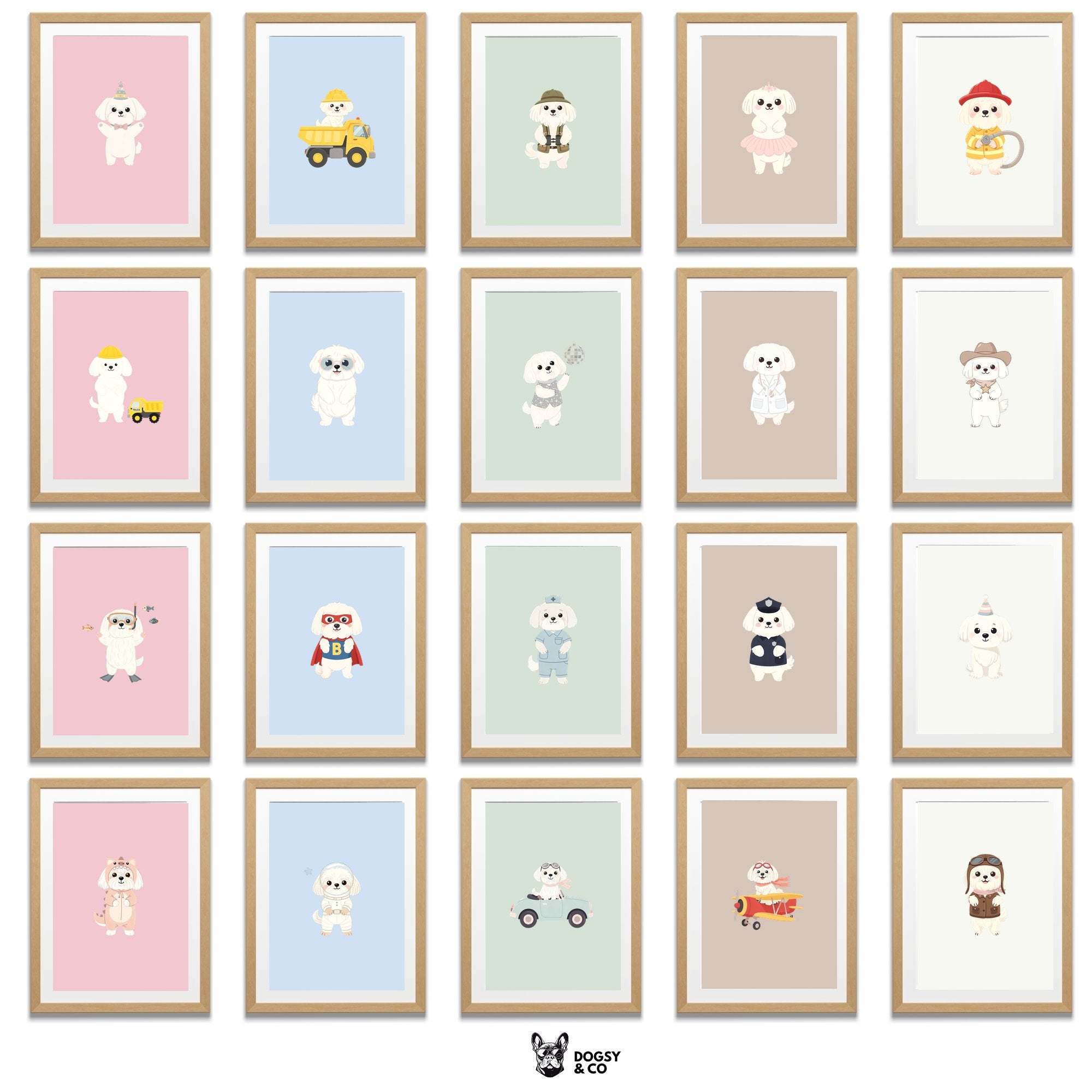Maltese Kids Nursery Wall Art Print Bundle — 22 Dog Costume Designs, 5 Colours, 6 Print Sizes | Digital Download