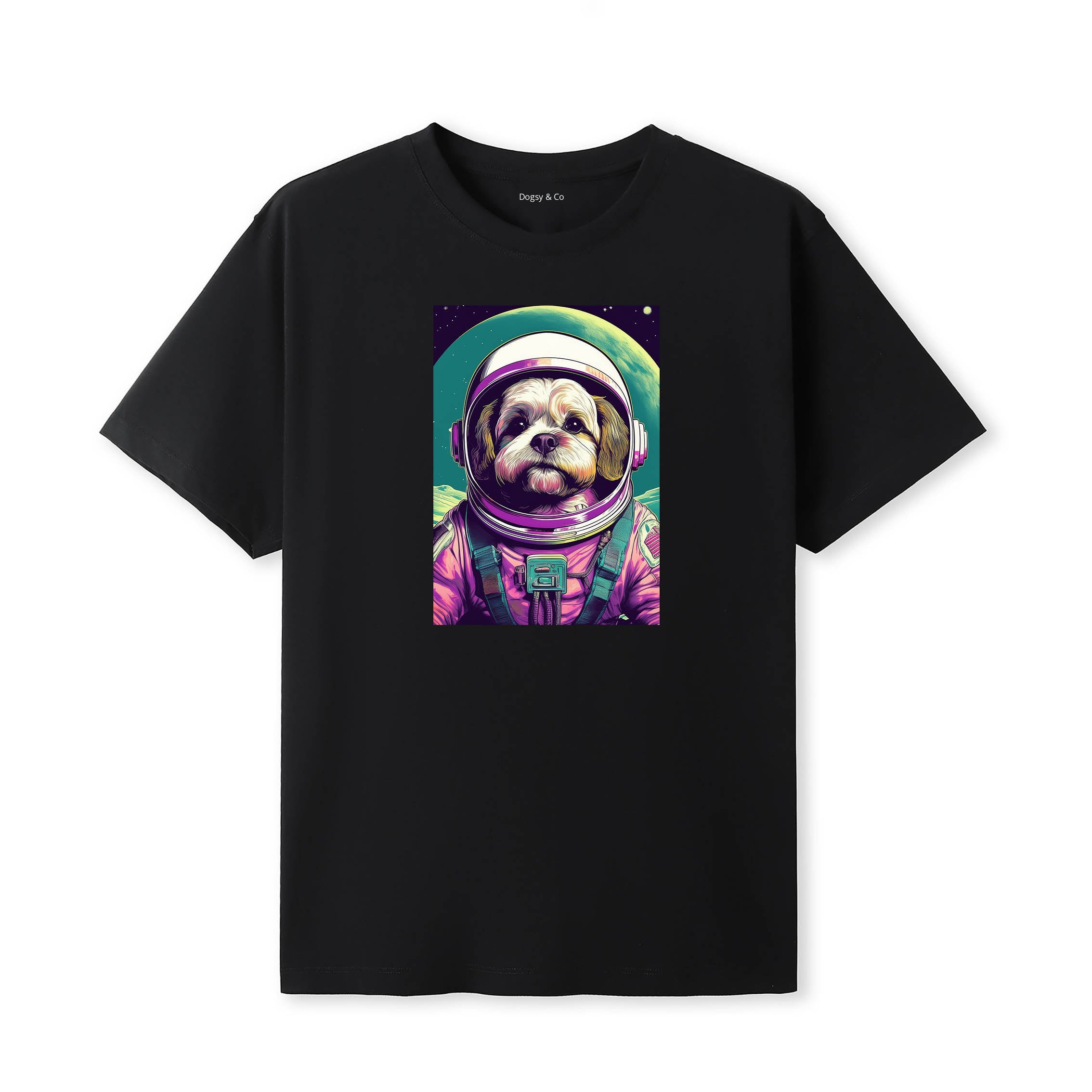 Maltese Space Dogs T-Shirt colourful astronaut dog artwork in a retro space design